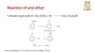 Reaction of aryl ether
• Anisole reacts with HI CH3-O-CH3 + HI CH3I +C6H5OH
Ethers and Epoxides – Dr. T. Geetha, St. Mary’s College, Thrissur
 