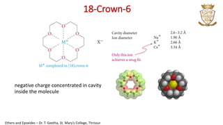 18-Crown-6
negative charge concentrated in cavity
inside the molecule
Ethers and Epoxides – Dr. T. Geetha, St. Mary’s College, Thrissur
 
