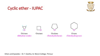 Cyclic ether - IUPAC
Ethers and Epoxides – Dr. T. Geetha, St. Mary’s College, Thrissur
 