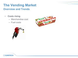 The Vending Market 
•Costs rising 
–Merchandise cost 
–Fuel costs 
Overview and Trends  
