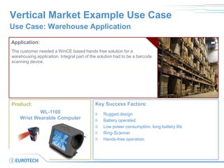 Vertical Market Example Use Case 
Use Case: Warehouse Application 
Application: 
The customer needed a WinCE based hands free solution for a warehousing application. Integral part of the solution had to be a barcode scanning device. 
Key Success Factors: 
Rugged design Battery operated Low power consumption, long battery life Ring-Scanner Hands-free operation 
Product: 
WL-1100 Wrist Wearable Computer  