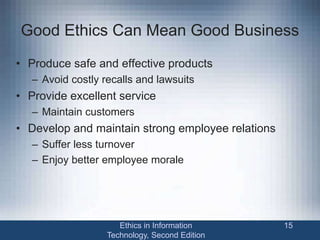 Good Ethics Can Mean Good Business
• Produce safe and effective products
– Avoid costly recalls and lawsuits
• Provide excellent service
– Maintain customers
• Develop and maintain strong employee relations
– Suffer less turnover
– Enjoy better employee morale
Ethics in Information
Technology, Second Edition
15
 