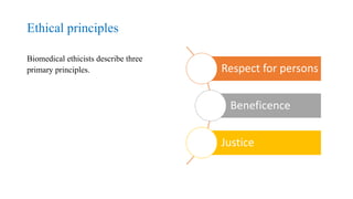 Ethical principles
Biomedical ethicists describe three
primary principles. Respect for persons
Beneficence
Justice
 