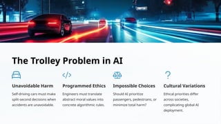 The Trolley Problem in AI
Unavoidable Harm
Self-driving cars must make
split-second decisions when
accidents are unavoidable.
Programmed Ethics
Engineers must translate
abstract moral values into
concrete algorithmic rules.
Impossible Choices
Should AI prioritize
passengers, pedestrians, or
minimize total harm?
Cultural Variations
Ethical priorities differ
across societies,
complicating global AI
deployment.
 