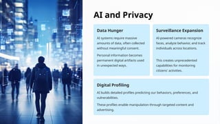AI and Privacy
Data Hunger
AI systems require massive
amounts of data, often collected
without meaningful consent.
Personal information becomes
permanent digital artifacts used
in unexpected ways.
Surveillance Expansion
AI-powered cameras recognize
faces, analyze behavior, and track
individuals across locations.
This creates unprecedented
capabilities for monitoring
citizens' activities.
Digital Profiling
AI builds detailed profiles predicting our behaviors, preferences, and
vulnerabilities.
These profiles enable manipulation through targeted content and
advertising.
 