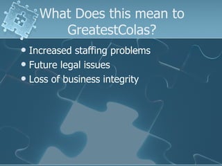 What Does this mean to GreatestColas? Increased staffing problems Future legal issues Loss of business integrity 