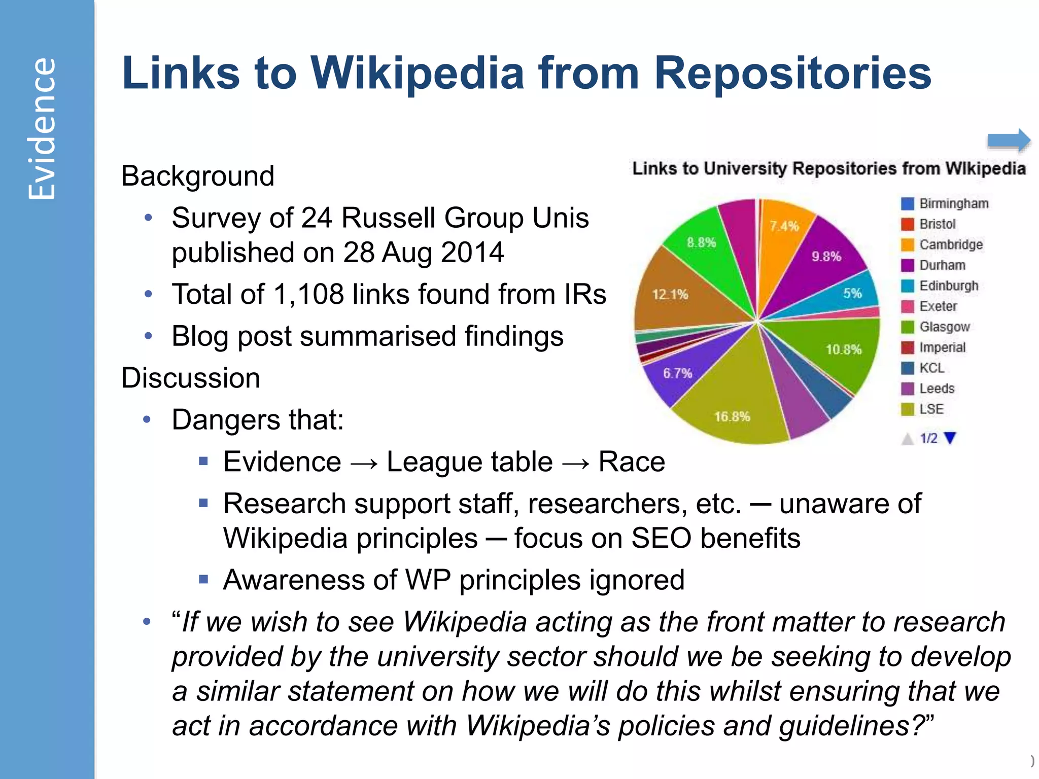 Advice for Researchers
My advice to researchers by 2012 (in run-up to REF 2015)
10
See http://ukwebfocus.com/2012/07/03/paper-accepted-for-or12/
Conclusions:
• Mainstream ‘white-hat’ linking SEO practices can work for
researchers as well as everyone else
• May not be scalable (if everyone does it, benefits may be
marginal) … so early adopters have competitive advantage!
 
