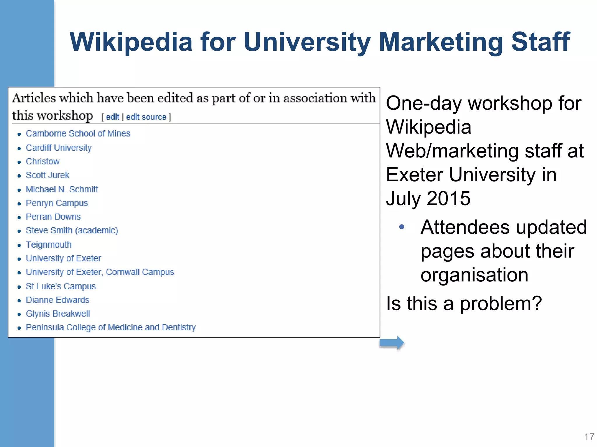 Wikipedia for University Marketing Staff
One-day workshop
for Wikipedia
Web/marketing
staff at Exeter
University in July
2015
17
Blog post about event
 