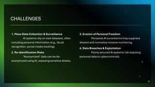 CHALLENGES
1. Mass Data Collection & Surveillance
AI systems rely on vast datasets, often
including personal information (e.g., facial
recognition, social media tracking).
2. Re-identification Risks
"Anonymized" data can be de-
anonymized using AI, exposing sensitive details.
3. Erosion of Personal Freedom
Pervasive AI surveillance may suppress
dissent and normalize invasive monitoring.
4. Data Breaches & Exploitation
Poorly secured AI systems risk exposing
personal data to cybercriminals.
22
 