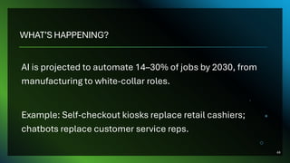 WHAT’S HAPPENING?
AI is projected to automate 14–30% of jobs by 2030, from
manufacturing to white-collar roles.
Example: Self-checkout kiosks replace retail cashiers;
chatbots replace customer service reps.
44
 