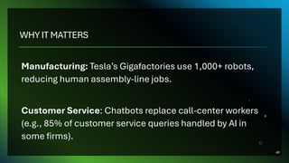 WHY IT MATTERS
Manufacturing: Tesla’s Gigafactories use 1,000+ robots,
reducing human assembly-line jobs.
Customer Service: Chatbots replace call-center workers
(e.g., 85% of customer service queries handled by AI in
some firms).
48
 