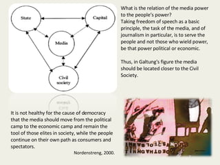What is the relation of the media power to the people’s power?  Taking freedom of speech as a basic principle, the task of the media, and of journalism in particular, is to serve the people and not those who wield power, be that power political or economic. Thus, in Galtung's figure the media should be located closer to the Civil Society.  It is not healthy for the cause of democracy that the media should move from the political camp to the economic camp and remain the tool of those elites in society, while the people continue on their own path as consumers and spectators.  Nordenstreng, 2000. 