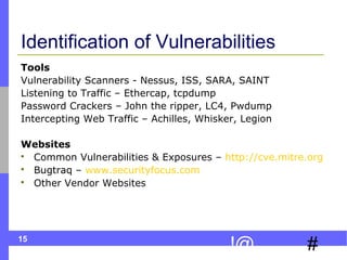 15
#!@
Identification of Vulnerabilities
Tools
Vulnerability Scanners - Nessus, ISS, SARA, SAINT
Listening to Traffic – Ethercap, tcpdump
Password Crackers – John the ripper, LC4, Pwdump
Intercepting Web Traffic – Achilles, Whisker, Legion
Websites
 Common Vulnerabilities & Exposures – http://cve.mitre.org
 Bugtraq – www.securityfocus.com
 Other Vendor Websites
 