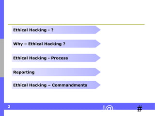 2
#!@
Ethical Hacking - ?
Why – Ethical Hacking ?
Ethical Hacking - Process
Ethical Hacking – Commandments
Reporting
 