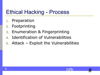 9
#!@
Ethical Hacking - Process
1. Preparation
2. Footprinting
3. Enumeration & Fingerprinting
4. Identification of Vulnerabilities
5. Attack – Exploit the Vulnerabilities
 