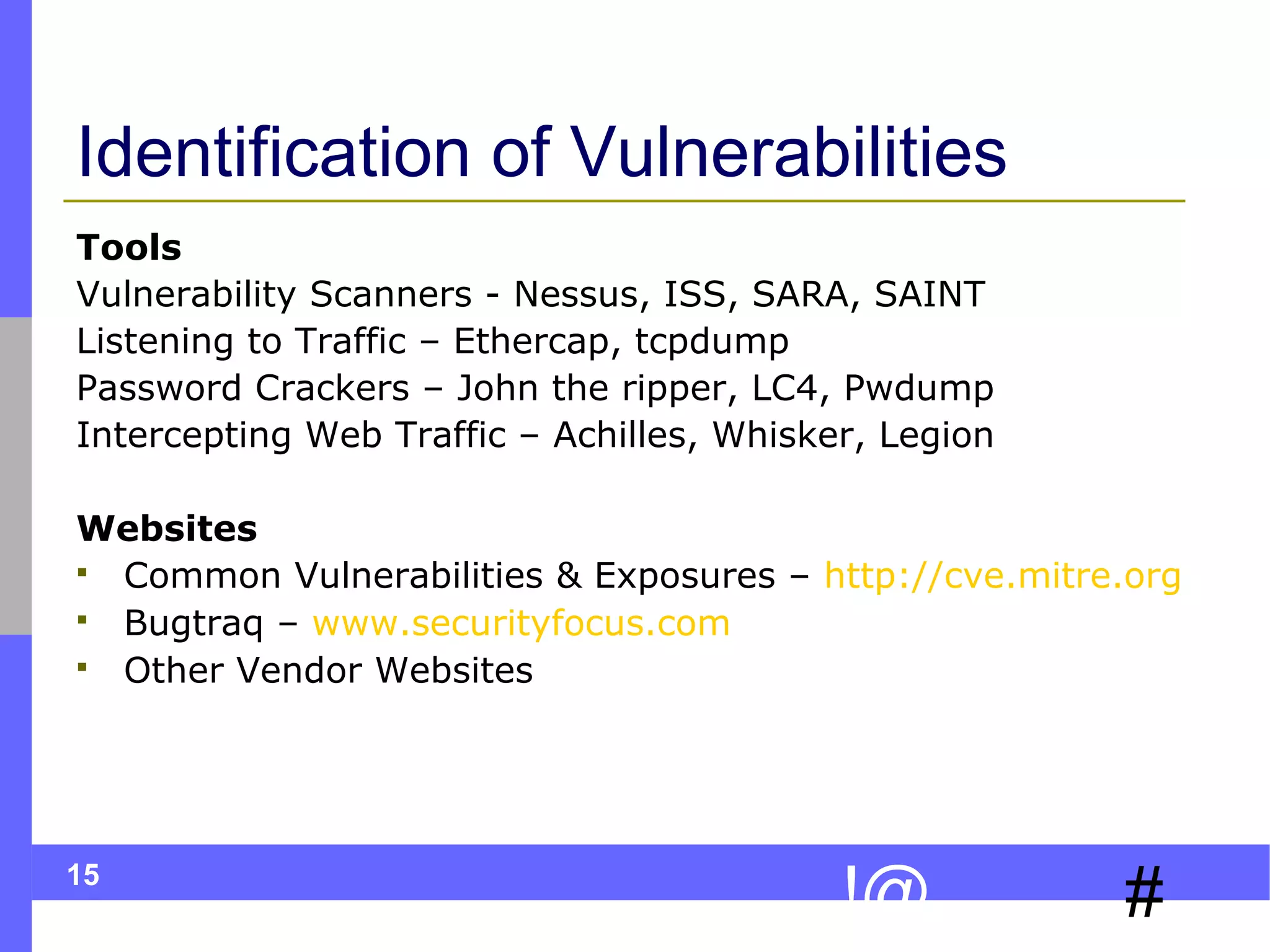 Identification of Vulnerabilities
Tools
Vulnerability Scanners - Nessus, ISS, SARA, SAINT
Listening to Traffic – Ethercap, tcpdump
Password Crackers – John the ripper, LC4, Pwdump
Intercepting Web Traffic – Achilles, Whisker, Legion
Websites
 Common Vulnerabilities & Exposures – http://cve.mitre.org
 Bugtraq – www.securityfocus.com
 Other Vendor Websites

15

!@

#

 