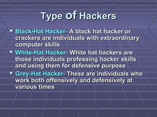 TypeType ofof HackersHackers
 Black-Hat Hacker-Black-Hat Hacker- A black hat hacker orA black hat hacker or
crackers are individuals with extraordinarycrackers are individuals with extraordinary
computer skillscomputer skills
 White-Hat Hacker-White-Hat Hacker- White hat hackers areWhite hat hackers are
those individuals professing hacker skillsthose individuals professing hacker skills
and using them for defensive purposeand using them for defensive purpose
 Grey-Hat Hacker-Grey-Hat Hacker- These are individuals whoThese are individuals who
work both offensively and defensively atwork both offensively and defensively at
various timesvarious times
 