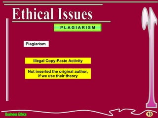 Business Ethics r Ethical Issues 18 P L A G I A R I S M Plagiarism  Illegal Copy-Paste Activity Not inserted the original author, if we use their theory 