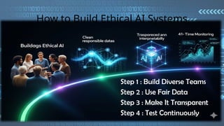 How to Build Ethical AI Systems
Step 1 : Build Diverse Teams
Step 2 : Use Fair Data
Step 3 : Make It Transparent
Step 4 : Test Continuously
 