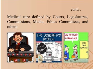 conti…
Medical care defined by Courts, Legislatures,
Commissions, Media, Ethics Committees, and
others
 