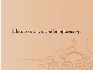 Ethics are involved and/or influence by:
 