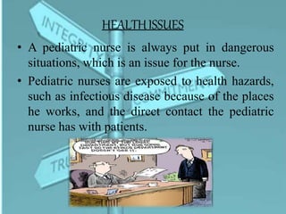 HEALTHISSUES
• A pediatric nurse is always put in dangerous
situations, which is an issue for the nurse.
• Pediatric nurses are exposed to health hazards,
such as infectious disease because of the places
he works, and the direct contact the pediatric
nurse has with patients.
 