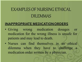 EXAMPLESOF NURSINGETHICAL
DILEMMAS
INAPPROPRIATE MEDICATIONORDERS
• Giving wrong medication dosages or
medication for the wrong illness is unsafe for
patients and may lead to death.
• Nurses can find themselves in an ethical
dilemma when they have to challenge a
medication order written by a physician.
 