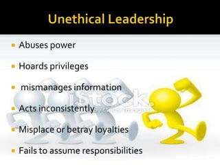  Abuses power
 Hoards privileges
 mismanages information
 Acts inconsistently
 Misplace or betray loyalties
 Fails to assume responsibilities
 