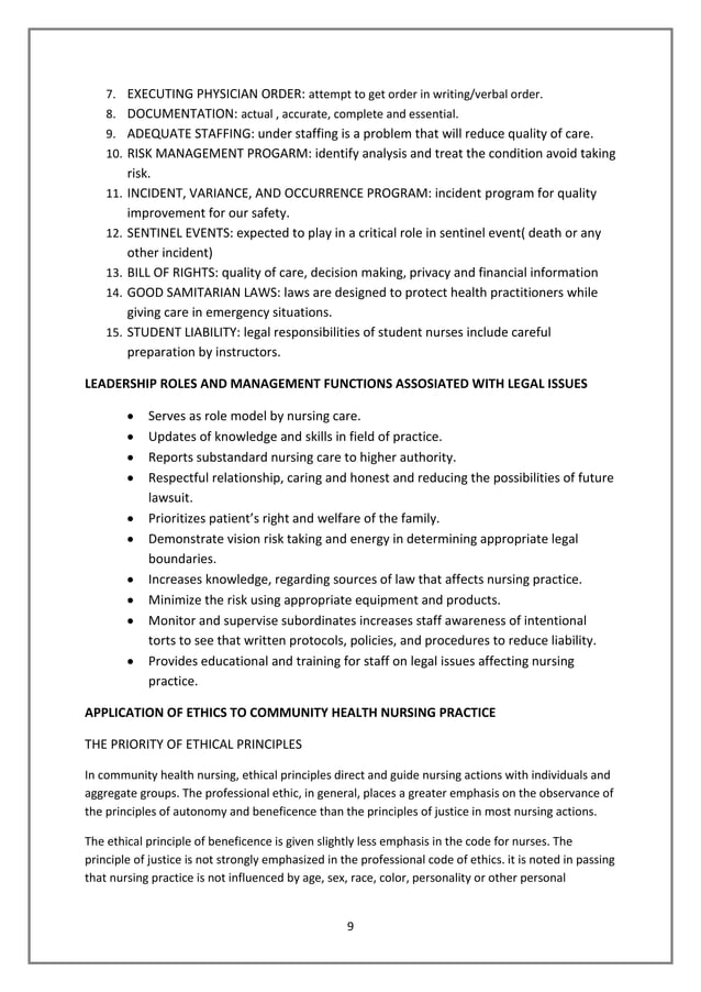 Ethical and legal issues in community health nursing and
