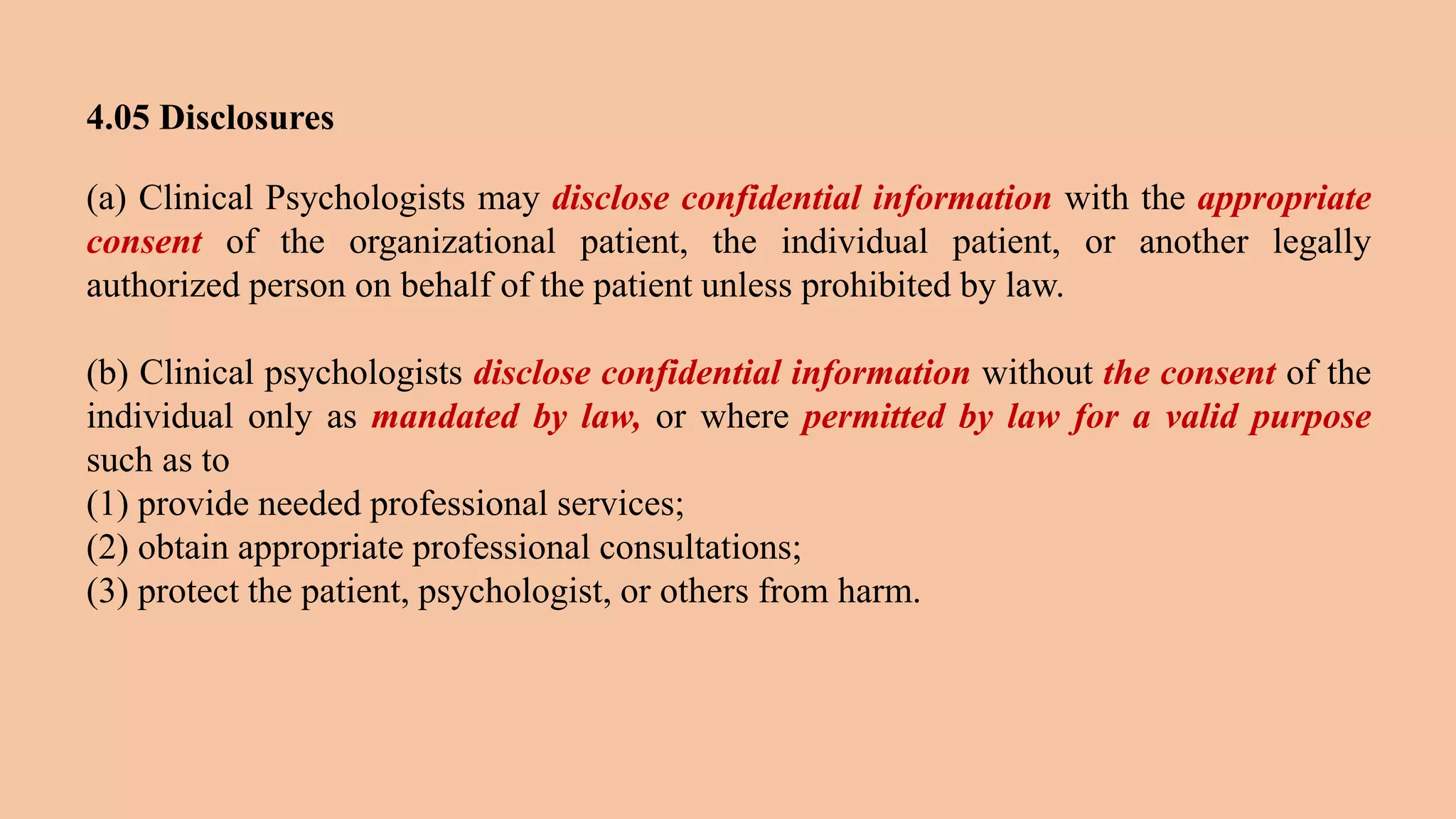 Ethical and legal issues in clinical psychology (according to ethics ...
