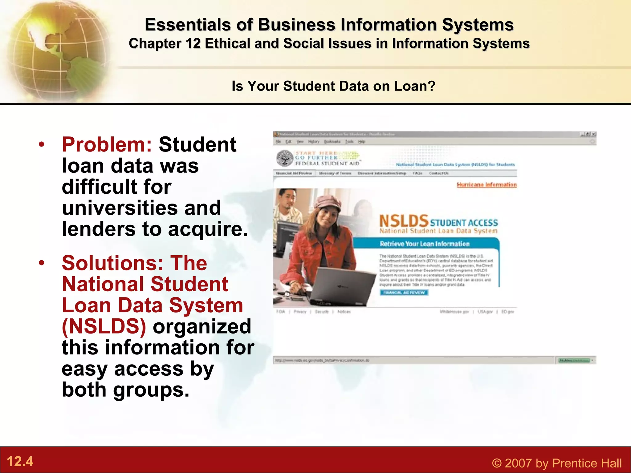 Problem:  Student loan data was difficult for universities and lenders to acquire. Solutions: The National Student Loan Data System (NSLDS)   organized this information for easy access by both groups. Is Your Student Data on Loan? Essentials of Business Information Systems Chapter 12 Ethical and Social Issues in Information Systems 