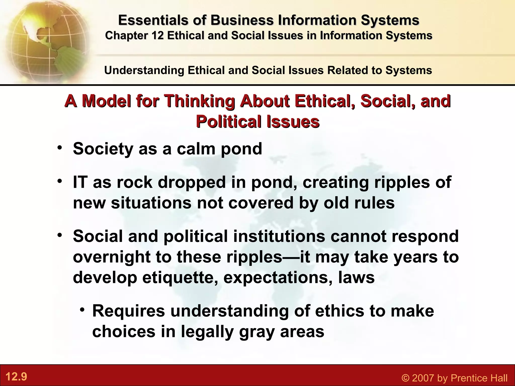 A Model for Thinking About Ethical, Social, and Political Issues Understanding Ethical and Social Issues Related to Systems Essentials of Business Information Systems Chapter 12 Ethical and Social Issues in Information Systems Society as a calm pond IT as rock dropped in pond, creating ripples of new situations not covered by old rules Social and political institutions cannot respond overnight to these ripples—it may take years to develop etiquette, expectations, laws Requires understanding of ethics to make choices in legally gray areas 