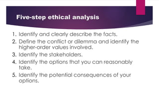 Five-step ethical analysis
1. Identify and clearly describe the facts.
2. Define the conflict or dilemma and identify the
higher-order values involved.
3. Identify the stakeholders.
4. Identify the options that you can reasonably
take.
5. Identify the potential consequences of your
options.
 