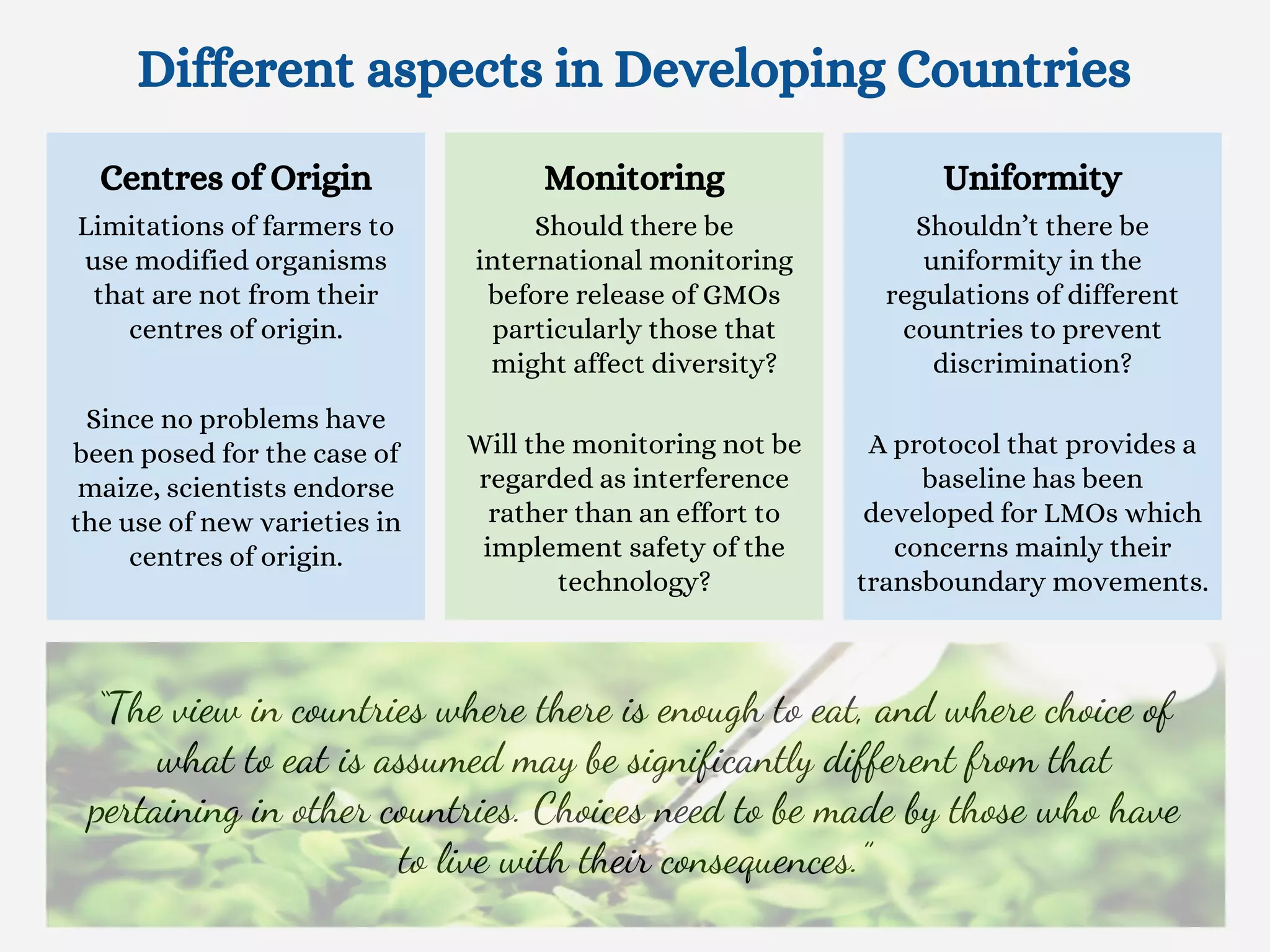 Centres of Origin
Limitations of farmers to
use modified organisms
that are not from their
centres of origin.
Since no problems have
been posed for the case of
maize, scientists endorse
the use of new varieties in
centres of origin.
Uniformity
Shouldn’t there be
uniformity in the
regulations of different
countries to prevent
discrimination?
A protocol that provides a
baseline has been
developed for LMOs which
concerns mainly their
transboundary movements.
Monitoring
Should there be
international monitoring
before release of GMOs
particularly those that
might affect diversity?
Will the monitoring not be
regarded as interference
rather than an effort to
implement safety of the
technology?
“The view in countries where there is enough to eat, and where choice of
what to eat is assumed may be significantly different from that
pertaining in other countries. Choices need to be made by those who have
to live with their consequences.”
Different aspects in Developing Countries
 
