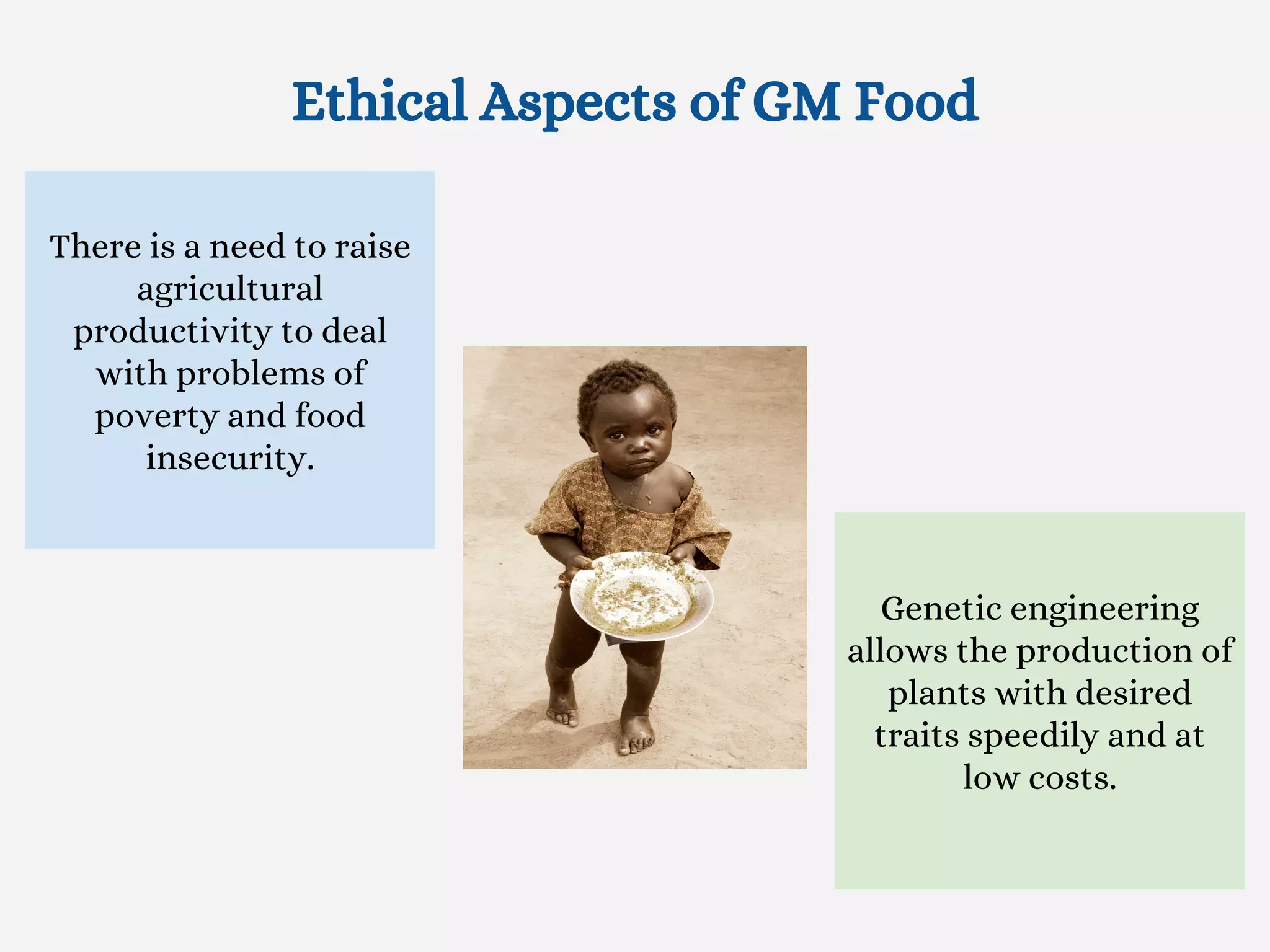 Ethical Aspects of GM Food
There is a need to raise
agricultural
productivity to deal
with problems of
poverty and food
insecurity.
Genetic engineering
allows the production of
plants with desired
traits speedily and at
low costs.
 