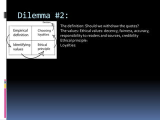 Dilemma #2:
         The definition: Should we withdraw the quotes?
         The values: Ethical values: decency, fairness, accuracy,
         responsibility to readers and sources, credibility
         Ethical principle:
         Loyalties:
 