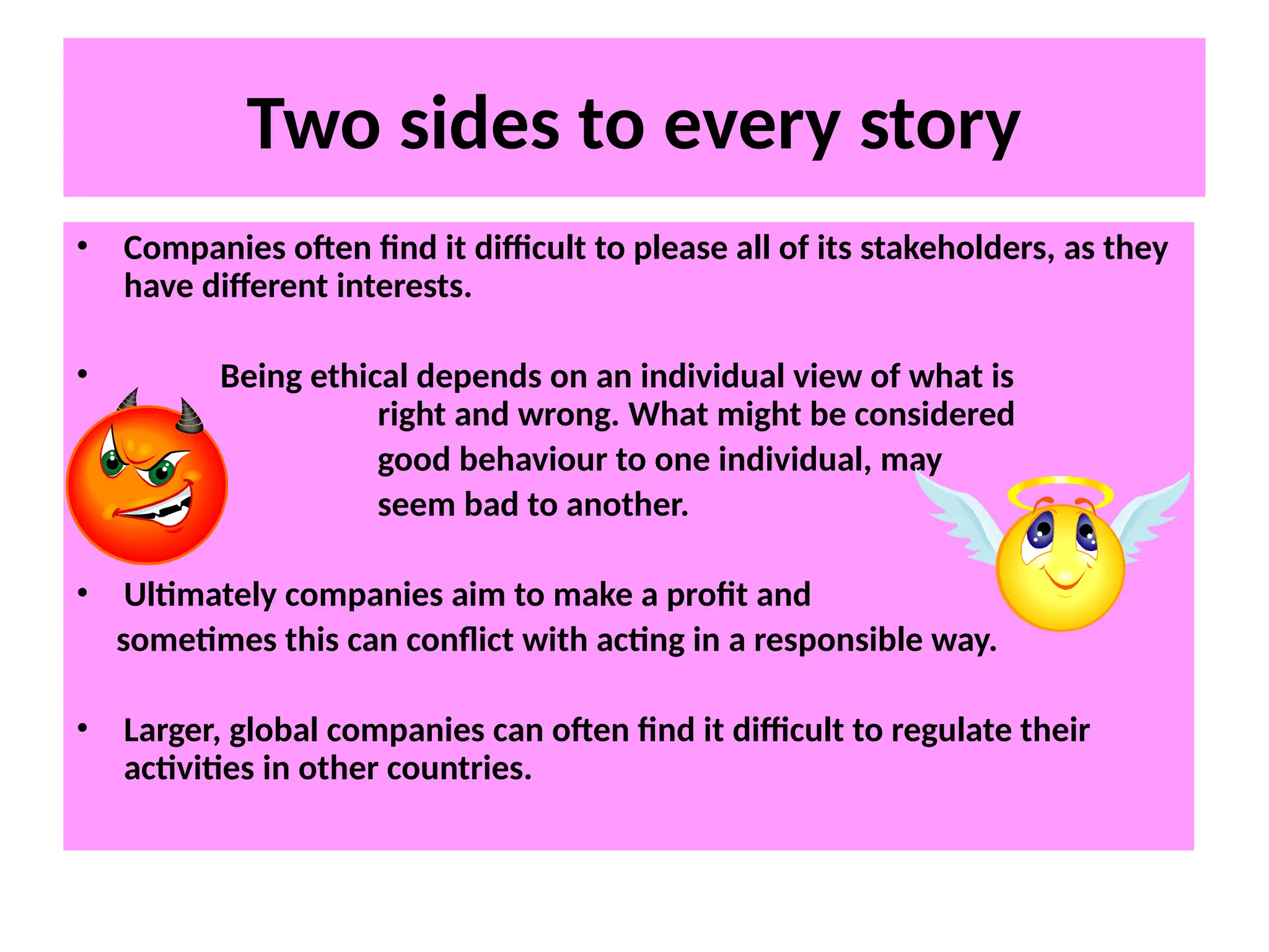 Two sides to every story
• Companies often find it difficult to please all of its stakeholders, as they
have different interests.
• Being ethical depends on an individual view of what is
right and wrong. What might be considered
good behaviour to one individual, may
seem bad to another.
• Ultimately companies aim to make a profit and
sometimes this can conflict with acting in a responsible way.
• Larger, global companies can often find it difficult to regulate their
activities in other countries.
 