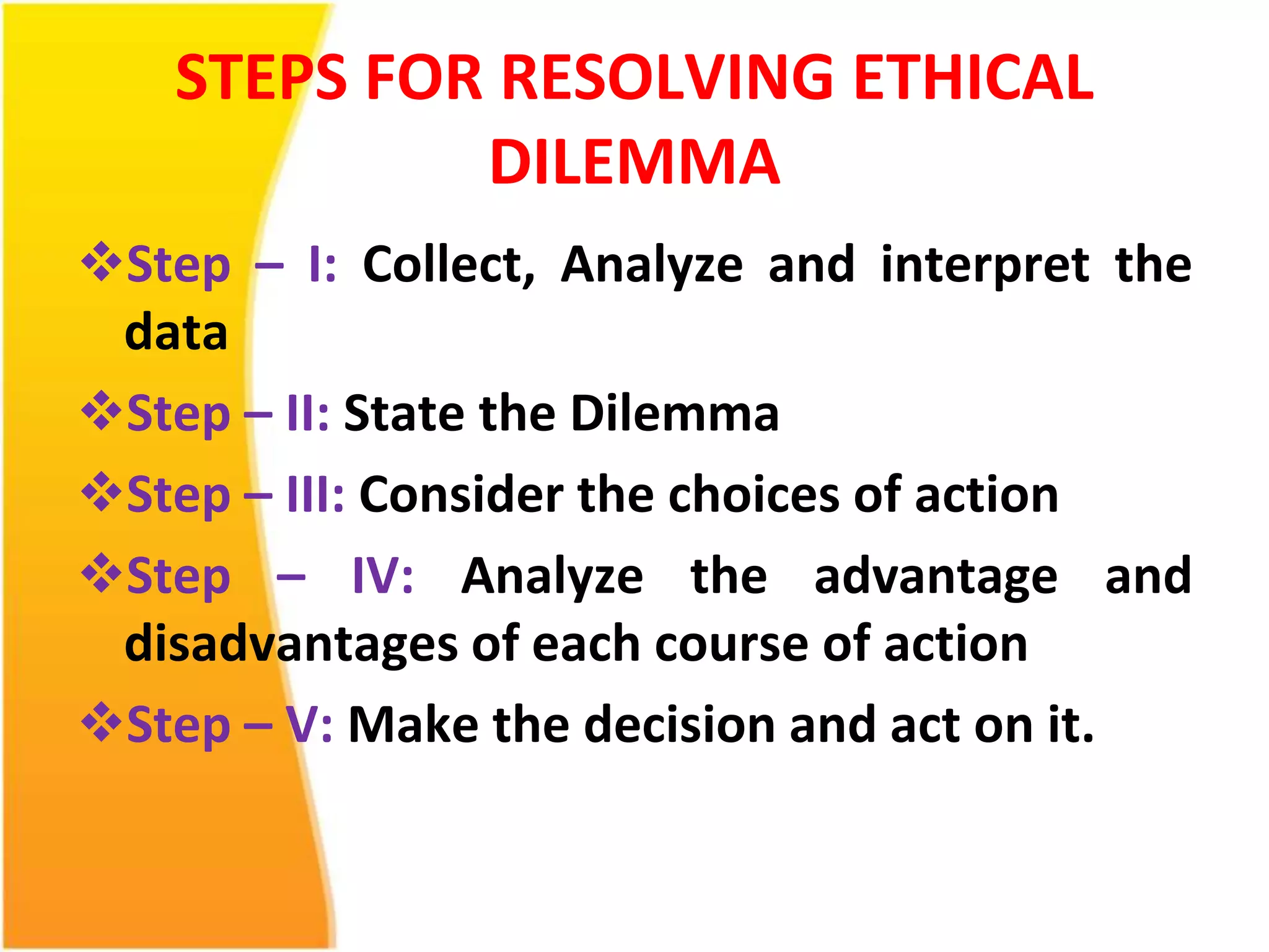 STEPS FOR RESOLVING ETHICAL 
DILEMMA 
Step – I: Collect, Analyze and interpret the 
data 
Step – II: State the Dilemma 
Step – III: Consider the choices of action 
Step – IV: Analyze the advantage and 
disadvantages of each course of action 
Step – V: Make the decision and act on it. 
 