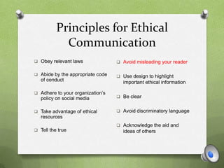 Principles for Ethical
Communication
 Obey relevant laws
 Abide by the appropriate code
of conduct
 Adhere to your organization’s
policy on social media
 Take advantage of ethical
resources
 Tell the true
 Avoid misleading your reader
 Use design to highlight
important ethical information
 Be clear
 Avoid discriminatory language
 Acknowledge the aid and
ideas of others
 
