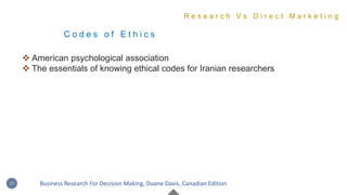 C o d e s o f E t h i c s
 American psychological association
 The essentials of knowing ethical codes for Iranian researchers
R e s e a r c h V s D i r e c t M a r k e t i n g
27 Business Research For Decision Making, Duane Davis, Canadian Edition
 