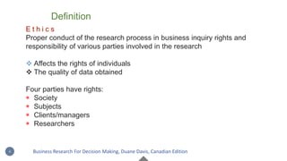 E t h i c s
Proper conduct of the research process in business inquiry rights and
responsibility of various parties involved in the research
 Affects the rights of individuals
 The quality of data obtained
Four parties have rights:
◉ Society
◉ Subjects
◉ Clients/managers
◉ Researchers
Definition
4 Business Research For Decision Making, Duane Davis, Canadian Edition
 