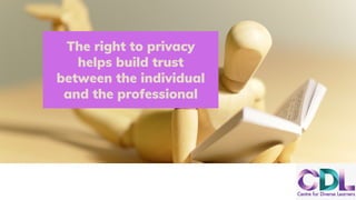 The right to privacy
helps build trust
between the individual
and the professional
 