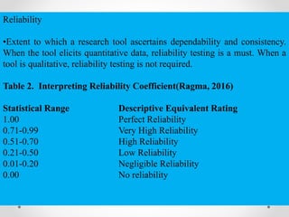 Reliability
•Extent to which a research tool ascertains dependability and consistency.
When the tool elicits quantitative data, reliability testing is a must. When a
tool is qualitative, reliability testing is not required.
Table 2. Interpreting Reliability Coefficient(Ragma, 2016)
Statistical Range Descriptive Equivalent Rating
1.00 Perfect Reliability
0.71-0.99 Very High Reliability
0.51-0.70 High Reliability
0.21-0.50 Low Reliability
0.01-0.20 Negligible Reliability
0.00 No reliability
 