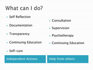 Independent Actions Help from others
 Self Reflection
 Documentation
 Transparency
 Continuing Education
 Self-care
 Consultation
 Supervision
 Psychotherapy
 Continuing Education
 