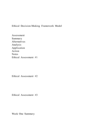Ethical Decision-Making Framework Model
Assessment
Summary
Alternatives
Analysis
Application
Action
Notes
Ethical Assessment #1
Ethical Assessment #2
Ethical Assessment #3
Week One Summary
 