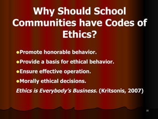 Why Should School Communities have Codes of Ethics? Promote honorable behavior.  Provide a basis for ethical behavior. Ensure effective operation. Morally ethical decisions. Ethics is Everybody’s Business.  (Kritsonis, 2007) 