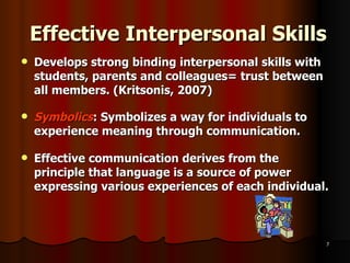 Effective Interpersonal Skills Develops strong binding interpersonal skills with students, parents and colleagues= trust between all members. (Kritsonis, 2007) Symbolics : Symbolizes a way for individuals to experience meaning through communication. Effective communication derives from the principle that language is a source of power expressing various experiences of each individual. 