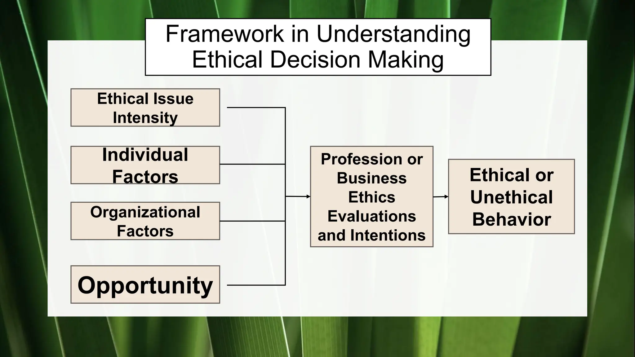 Framework in Understanding
Ethical Decision Making
Ethical Issue
Intensity
Individual
Factors
Organizational
Factors
Opportunity
Profession or
Business
Ethics
Evaluations
and Intentions
Ethical or
Unethical
Behavior