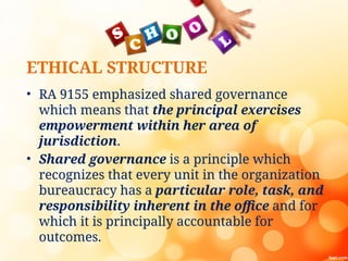 ETHICAL STRUCTURE
• RA 9155 emphasized shared governance
which means that the principal exercises
empowerment within her area of
jurisdiction.
• Shared governance is a principle which
recognizes that every unit in the organization
bureaucracy has a particular role, task, and
responsibility inherent in the office and for
which it is principally accountable for
outcomes.
 