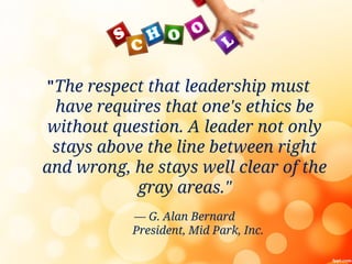 "The respect that leadership must
have requires that one's ethics be
without question. A leader not only
stays above the line between right
and wrong, he stays well clear of the
gray areas."
— G. Alan Bernard
President, Mid Park, Inc.
 